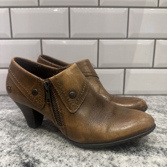 Born Tanya Leather Ankle Booties Boho Boots Side Zip Womens 7 Brown Renaissance - Picture 1 of 8